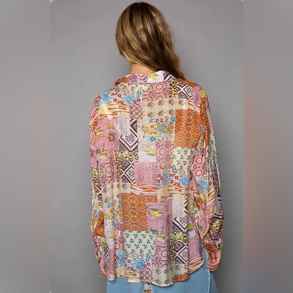 Closeout!▪️NWT POL Oversized Patchwork Cotton Button Down in Blue Pink/Multi - Picture 2 of 5